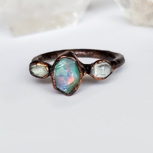 Raw Ethiopian Opal and Herkimer Diamond Custom Ring, Copper Electroformed Ring, Raw Stone Ring, Boho Opal Ring