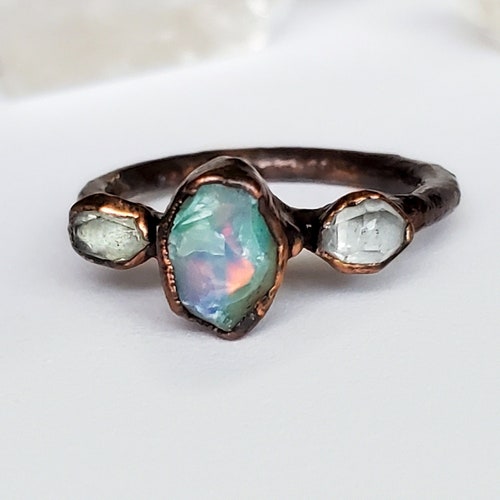 Fire Opal Ring Herkimer Diamond Raw Stone Jewelry Statement - Etsy
