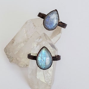 Pear Rainbow Moonstone Ring, Copper Electroformed Ring