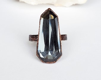 Large Hematite Quartz Point Ring, Copper Electroformed Ring, Boho Black Crystal Statement Ring, Size 8