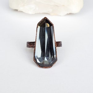 Large Hematite Quartz Point Ring, Copper Electroformed Ring, Boho Black Crystal Statement Ring, Size 8