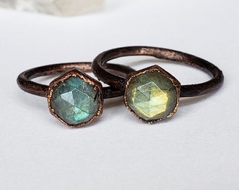 Faceted Labradorite Hexagon Custom Ring, Copper Electroformed Ring, Geometric Labradorite Ring, Boho Labradorite Copper Ring