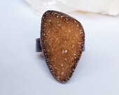 Orange Druzy Quartz Ring, Copper Electroformed Ring, Raw Stone Ring, Boho Statement Ring, Size 6.5