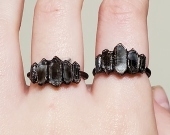 Black Tibetan Quartz Point Ring, Black Multi Crystal Ring, Copper Electroformed Ring, Raw Stone Ring, Boho Statement Ring