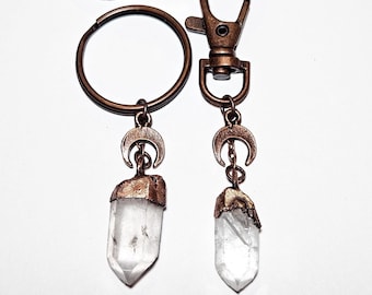 Copper Crystal Point Crescent Moon Keychain, Raw Crystal Boho Keychain, Witchy Keychain, Copper Keychain