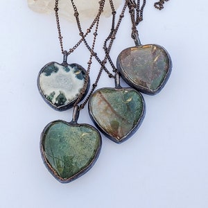 Moss Agate Heart Necklace, Copper Electroformed Necklace, Gemstone Heart Necklace