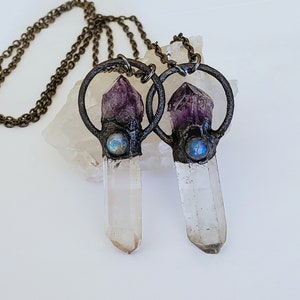 Raw Crystal And Amethyst Point Moonstone Necklace, Copper Electroformed Necklace, Raw Stone Necklace