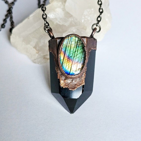 Large Obsidian Point and Rainbow Labradorite Necklace Copper Electroformed Necklace Boho Statement Necklace Etsy Finland