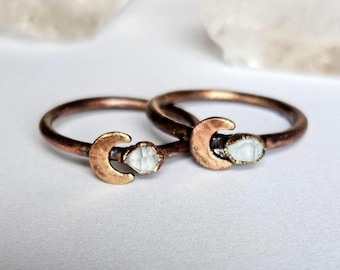 Copper Crescent Moon and Herkimer Diamond Ring, Copper Electroformed Ring, Boho Crescent Moon Ring, Dainty Copper Ring
