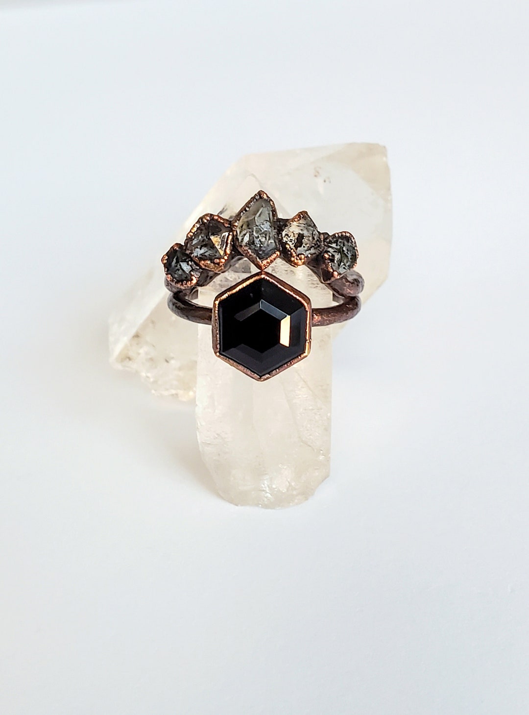 Obsidian Hexagon and Black Herkimer Diamond Ring Set, Alternative Engagement Ring, Geometric Ring Set, Copper Electroformed Ring