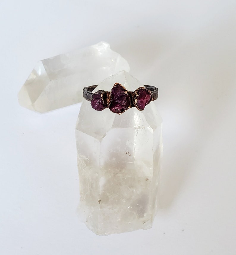Copper Electroformed Ring Raw Ruby Triple Stone Custom Ring Raw Stone Ring