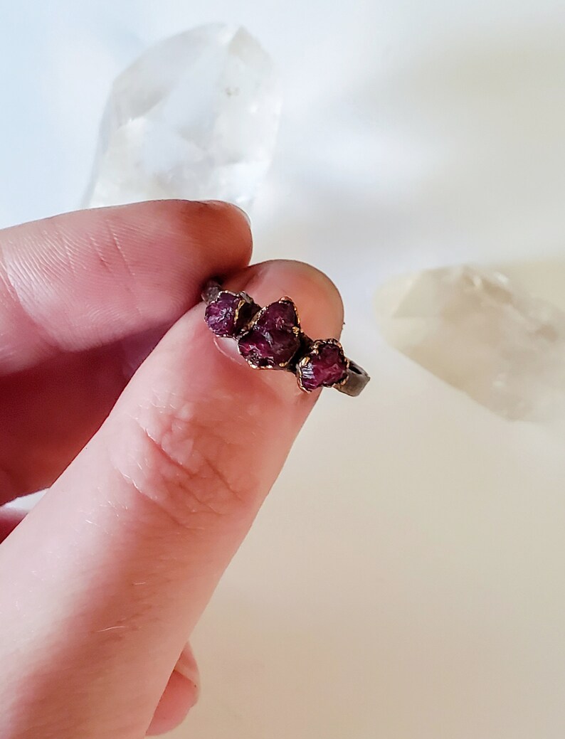 Copper Electroformed Ring Raw Ruby Triple Stone Custom Ring Raw Stone Ring