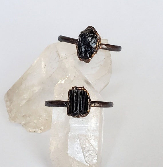 Raw Black Tourmaline Ring, Copper Electroformed Ring, Raw Stone Ring