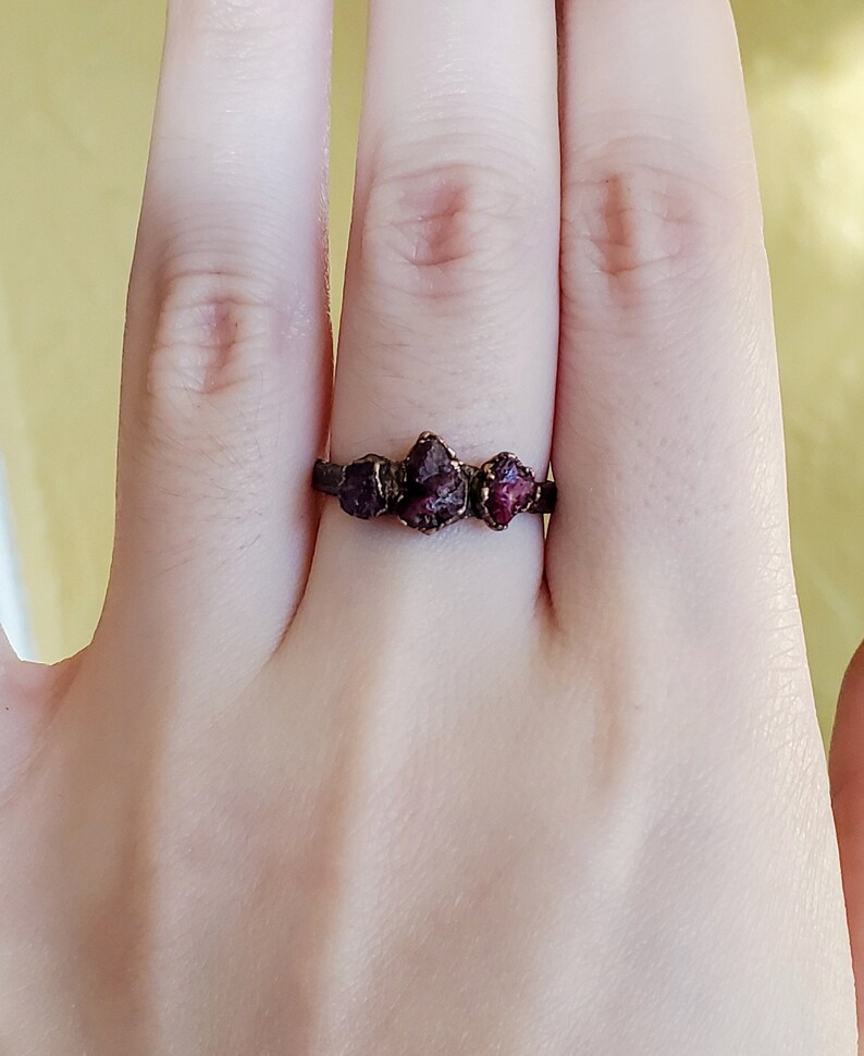Copper Electroformed Ring Raw Ruby Triple Stone Custom Ring Raw Stone Ring