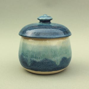 Blue and White Pottery Sugar Bowl, Handmade Stoneware Honey Pot