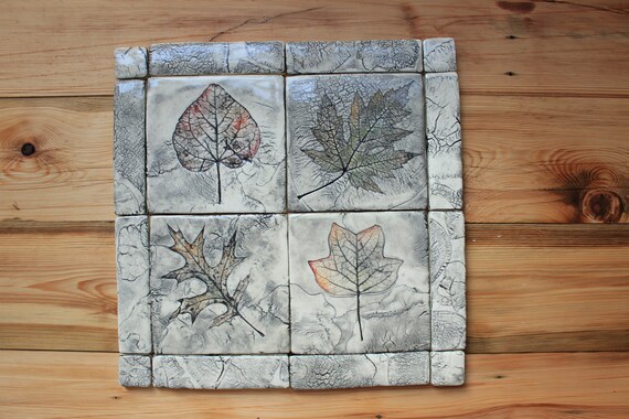 Set Of Four Handpainted Leaf Tiles With Rustic Border For Etsy