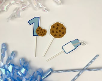 "One Sweet Boy" Milk & Cookies 1st Birthday Cake Topper Set - 24 Cupcake Toppers + Main Cake Decor, Blue & Brown Theme