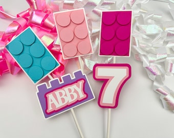 Building Block Cupcake Toppers, Girl Building Brick Cupcake Topper, Block Cupcake Toppers, Name, Age, Custom, Pink