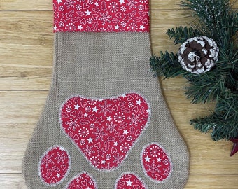Paw Print Xmas Stocking, Dog Christmas Stocking, Pet Christmas Stocking, Eco-Friendly Pet Stocking, Sustainable Xmas Decor