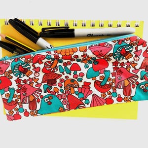 Retro Mushroom Print Pencil Case: Organic Cotton, 60s/70s Style
