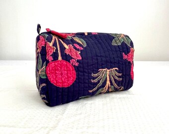 Hand Block Printed, Quilted, Leakproof Cotton Wash Bag with Pockets- Midnight Blue Brigette Wash Bag