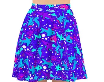 sharks blue green pink vacation party casual  Skater Skirt