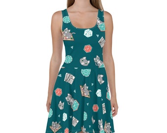 green tabletop tabby dice cat Nerdy Geeky  SKATER DRESS All-Over Pattern Print