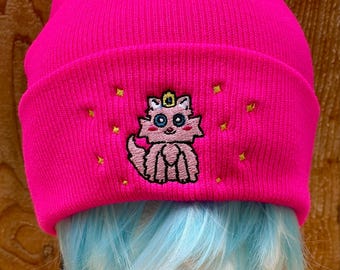 Pink  fluffy cat  princess meme hot pink   Cuffed knit Beanie