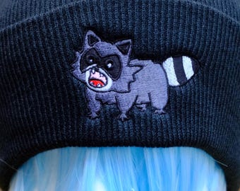 Raccoon soft Knit-Cuff Beanie unisex  cap black