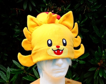 Fire  type start  monster gold and red Pomeranian winter cozy handmade animal fleece hat