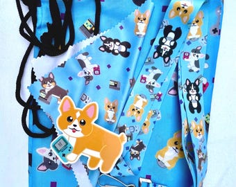 Blue gold gamer corgi and friends bundle drawstring bag, lanyard, microfiber cleaning cloth,