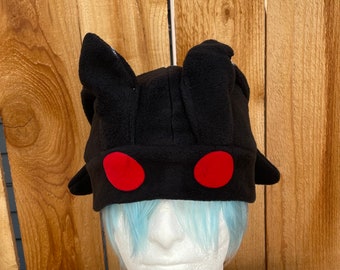 Handmade Mothman Fleece Hat: Red-Eyed Cryptid, Winter Cosplay