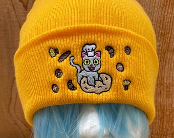 Grey  tabby  cat baking bread  kneading dough gold yellow  Cuffed knit Beanie