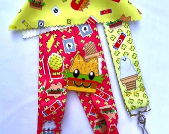 McMeow Fast Food Cats Lanyard Bundle, Key Fob, Pin, Microfiber Cloth