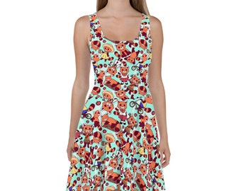 May include: A sleeveless skater dress with a light blue background and a repeating pattern of red pandas in various poses. The pandas are wearing hats, holding flowers, riding bicycles, and carrying baskets.