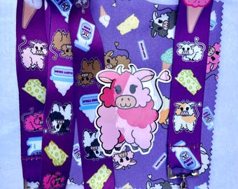 Purple fluffy dairy cows bundle lanyard, key fob chain, microfiber cleaning cloth,  sticker