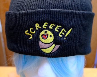 Embroidered Serpent Knit Beanie: Navy Blue Cuffed Winter Hat