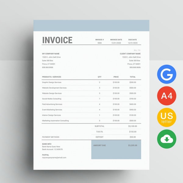 Invoice Template Editable | Google Sheets Invoice Template Instant Download
