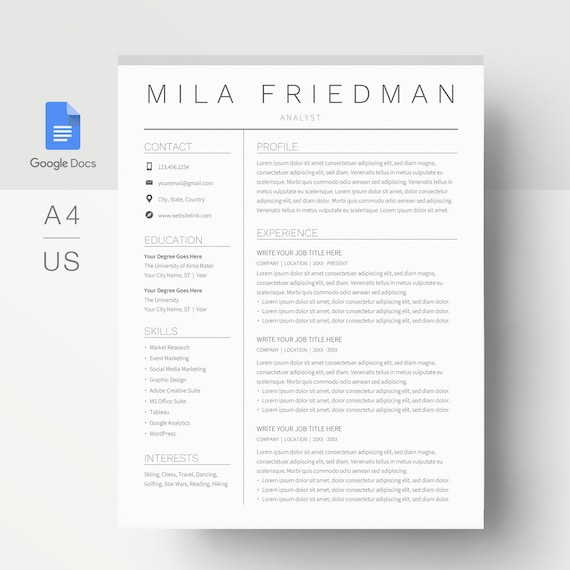 Google Docs Resume Template Simple Resume Template Google Etsy