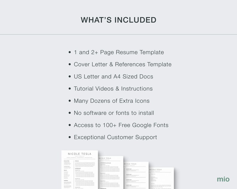 What is included with this Google Docs resume template by MioDocs