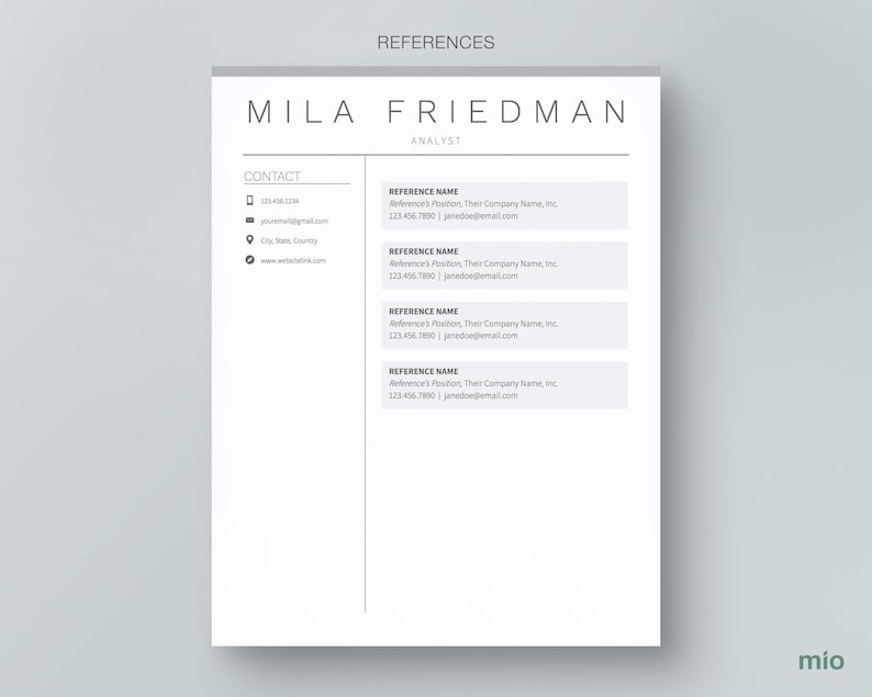 May include: A resume template with a gray background and white text. The resume is for Mila Friedman, Analyst. The contact information includes a phone number, email address, city, state, country, and website link. The references section includes the name, position, company, phone number, and email address of four references.