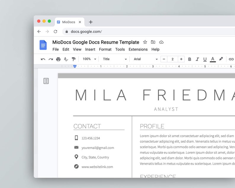 May include: A Google Docs resume template with a light gray background. The template is open in a web browser and shows a sample resume for Mila Friedma, Analyst. The resume includes contact information and a profile section.