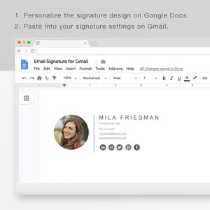 May include: Screenshot of a Google Docs document with an email signature template. The signature includes a photo, name, professional title, phone number, email, and website. Social media icons for LinkedIn, Instagram, Twitter, Pinterest, and Facebook are also present.