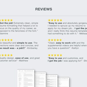 May include: Five customer reviews for a resume template. The reviews are all positive and include quotes from customers who have used the template to get jobs. The template is shown in the bottom right corner of the image.
