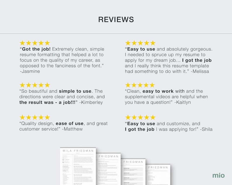 May include: Five customer reviews for a resume template. The reviews are all positive and include quotes from customers who have used the template to get jobs. The template is shown in the bottom right corner of the image.