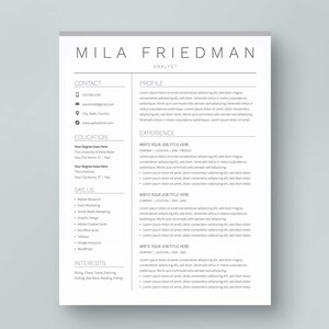 May include: A gray and white resume template with the name Mila Friedman and the title Analyst. The resume includes contact information, education, skills, experience, and interests.