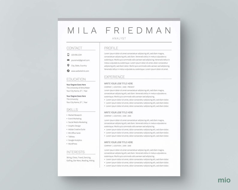 May include: A gray and white resume template with the name Mila Friedman and the title Analyst. The resume includes contact information, education, skills, experience, and interests.