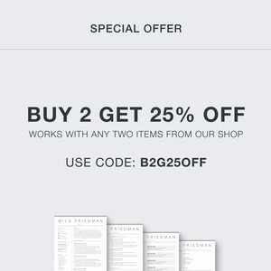 May include: A special offer for buying two items from a shop. The offer is for 25% off and the code to use is B2G250FF. The image shows four different resume templates.