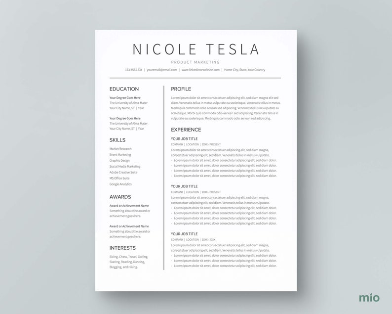 The main page of this simple two-column Google Docs resume template or CV template.