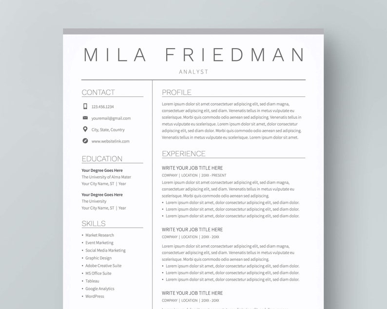 May include: A resume for Mila Friedman, an analyst. The resume includes contact information, education, skills, and experience.